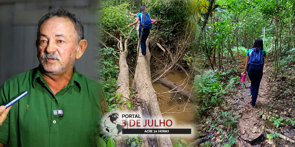 Estudante de 14 anos enfrenta mata e pontes improvisadas para chegar à escola em Bujari e situação gera revolta contra gestão do prefeito Padeiro